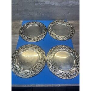 Vtg Ornate Silver Tone Pierced Rim Serving Plate Tray 12 Inch 4 Pc Made In India